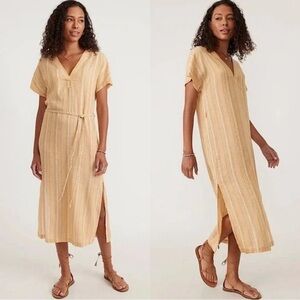 NWT XS MARINE LAYER BALI oversized stripe midi coastal linen dress euro summer